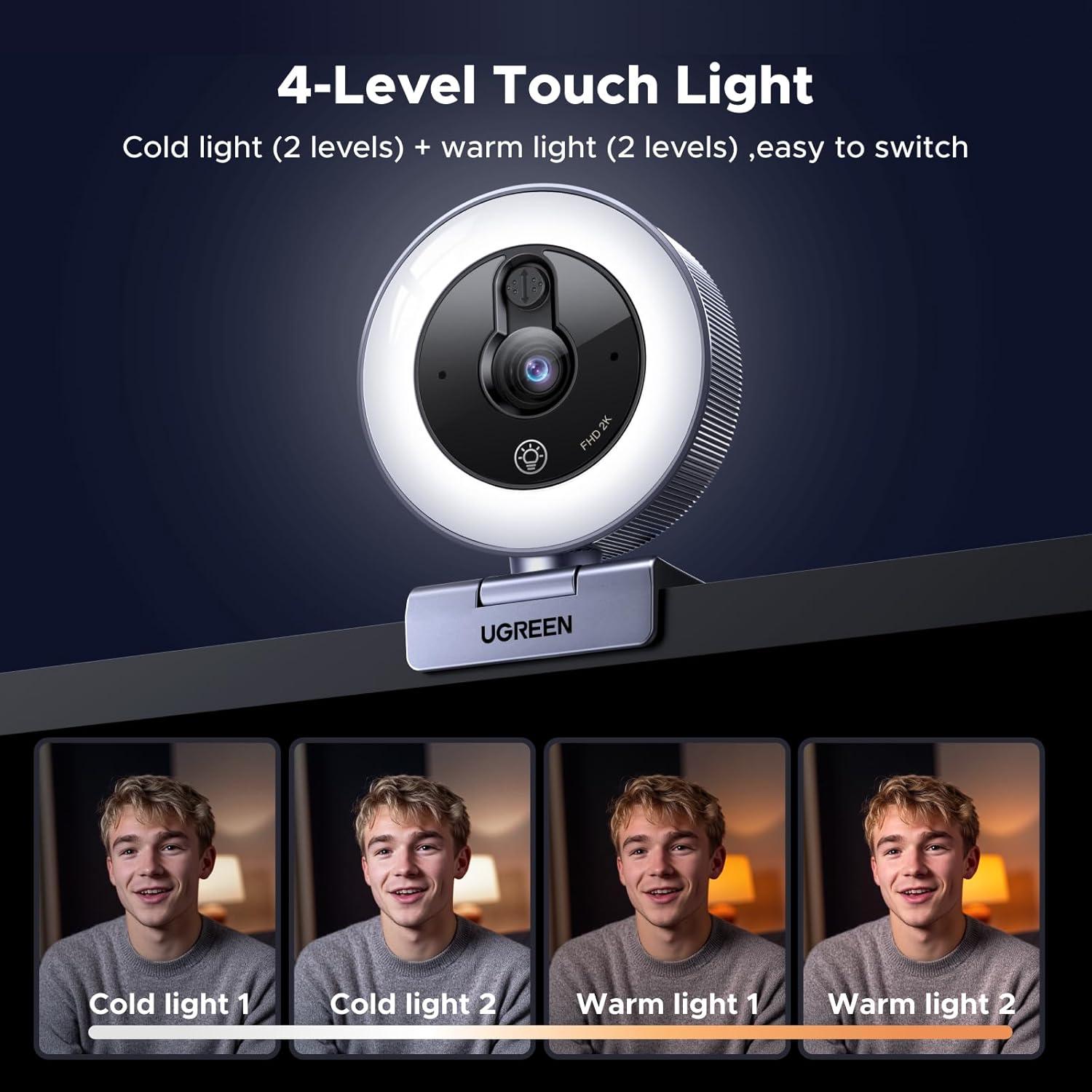 imageUGREEN 2K Webcam with 4Level Ring Light Full HD Webcam for PC with Microphone Privacy Cover USB Web Camera Compatible with Switch 2 Streaming Conference Zoom Teams ComputerLaptopMacBook