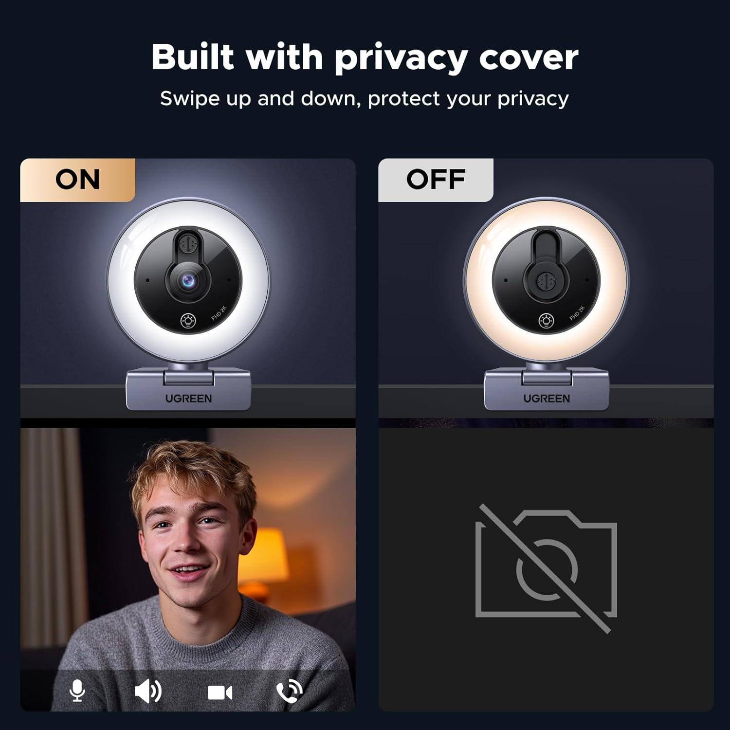 imageUGREEN 2K Webcam with 4Level Ring Light Full HD Webcam for PC with Microphone Privacy Cover USB Web Camera Compatible with Switch 2 Streaming Conference Zoom Teams ComputerLaptopMacBook