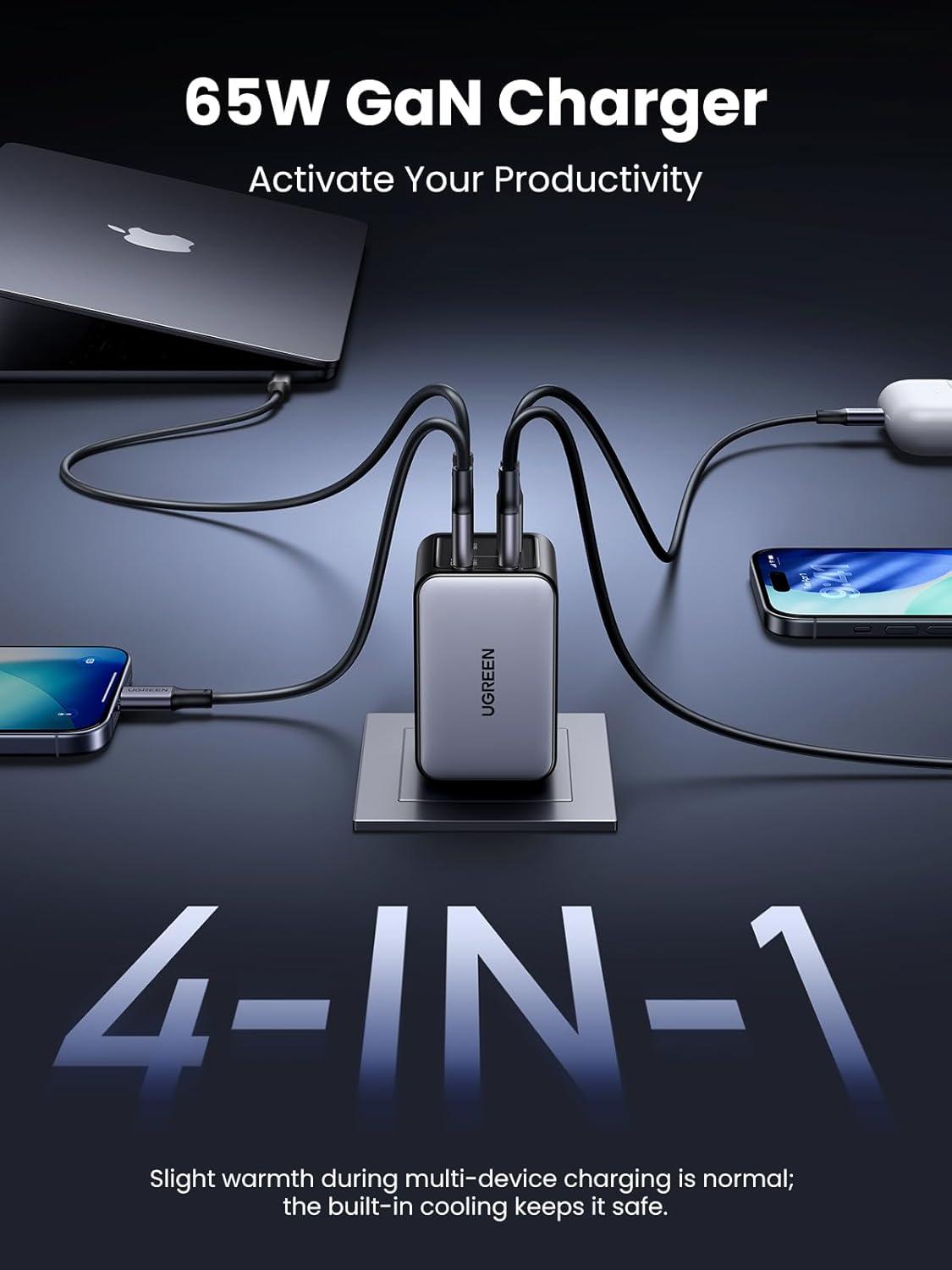 imageUGREEN 65W 4Port GaN USB C Wall Charger Bundle with 100W 66ft 2Pack USB C Cable Compatible with iPhone 1717 Pro17 Pro Max MacBook ProAir Galaxy S25S24 iPad ProAir Pixel 10