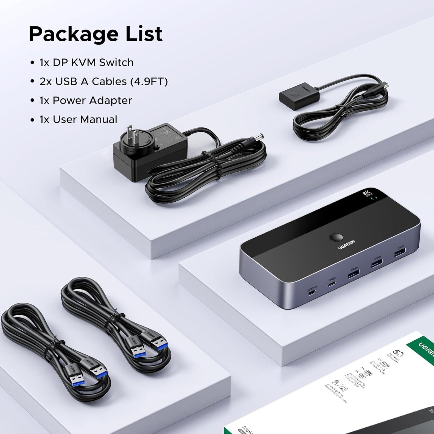 imageUGREEN 8K60Hz Displayport KVM Switch 2 Monitors 2 Computers Aluminum with 4 USB 30 Ports for 2 Computers Share Dual Monitors Keyboard Mouse Printer with 2 USB CablesPower AdapterController