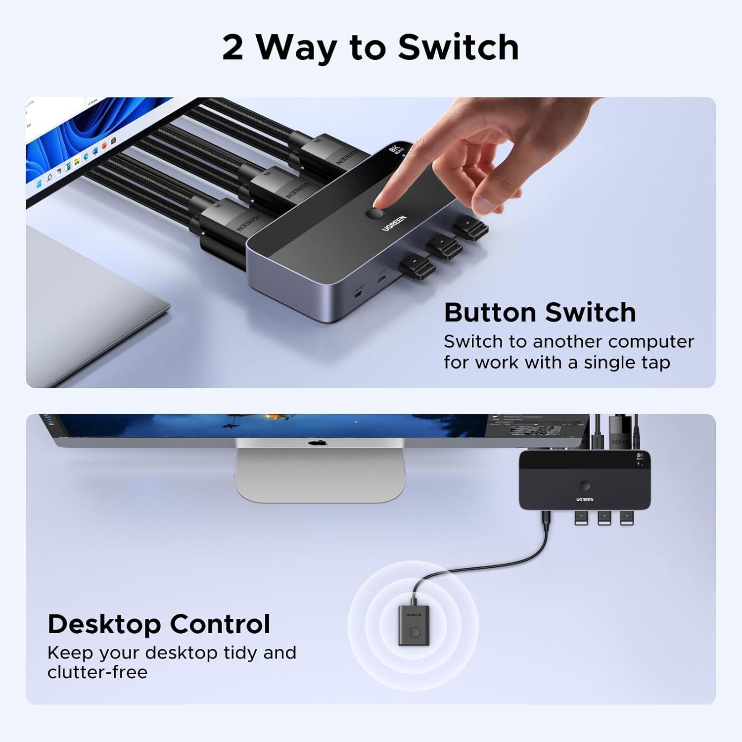imageUGREEN 8K60Hz Displayport KVM Switch 2 Monitors 2 Computers Aluminum with 4 USB 30 Ports for 2 Computers Share Dual Monitors Keyboard Mouse Printer with 2 USB CablesPower AdapterController