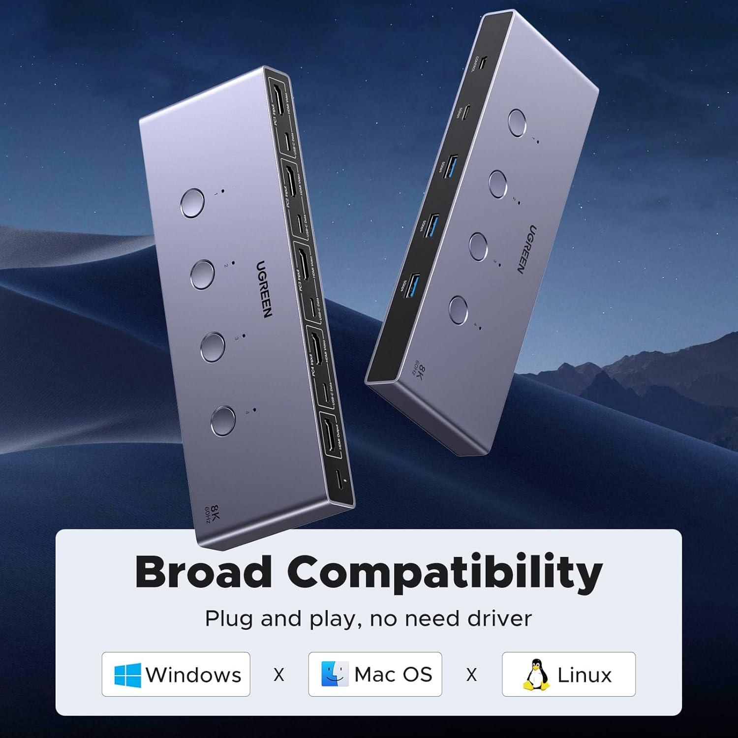 imageUGREEN 8K60Hz HDMI KVM Switch 4 Computers with 4 USB 30 Ports Aluminum KVM Switches Share One Monitor Keyboard Mouse Hard Drives Printer with 4 HDMI Cables 4 USB Cables and Desktop Controller