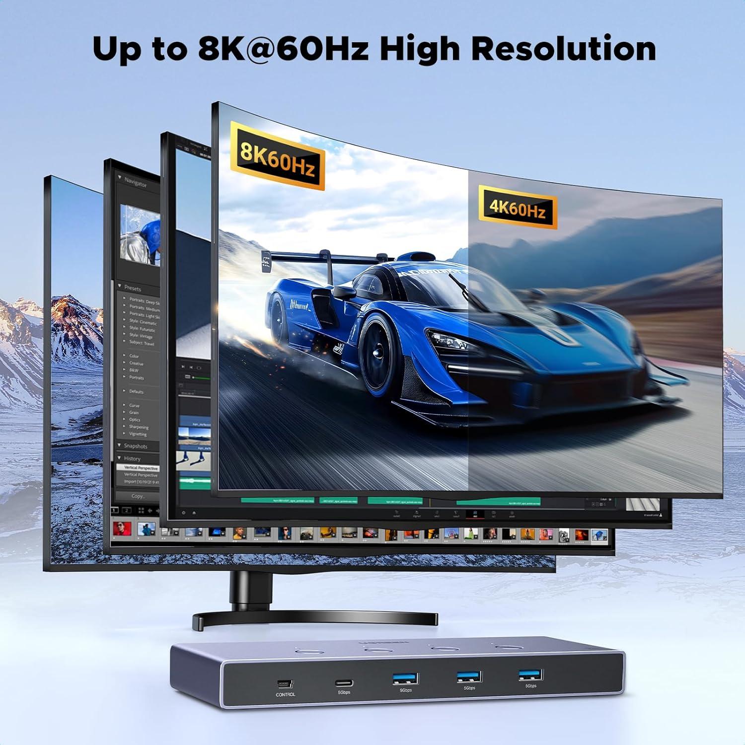 imageUGREEN 8K60Hz HDMI KVM Switch 4 Computers with 4 USB 30 Ports Aluminum KVM Switches Share One Monitor Keyboard Mouse Hard Drives Printer with 4 HDMI Cables 4 USB Cables and Desktop Controller