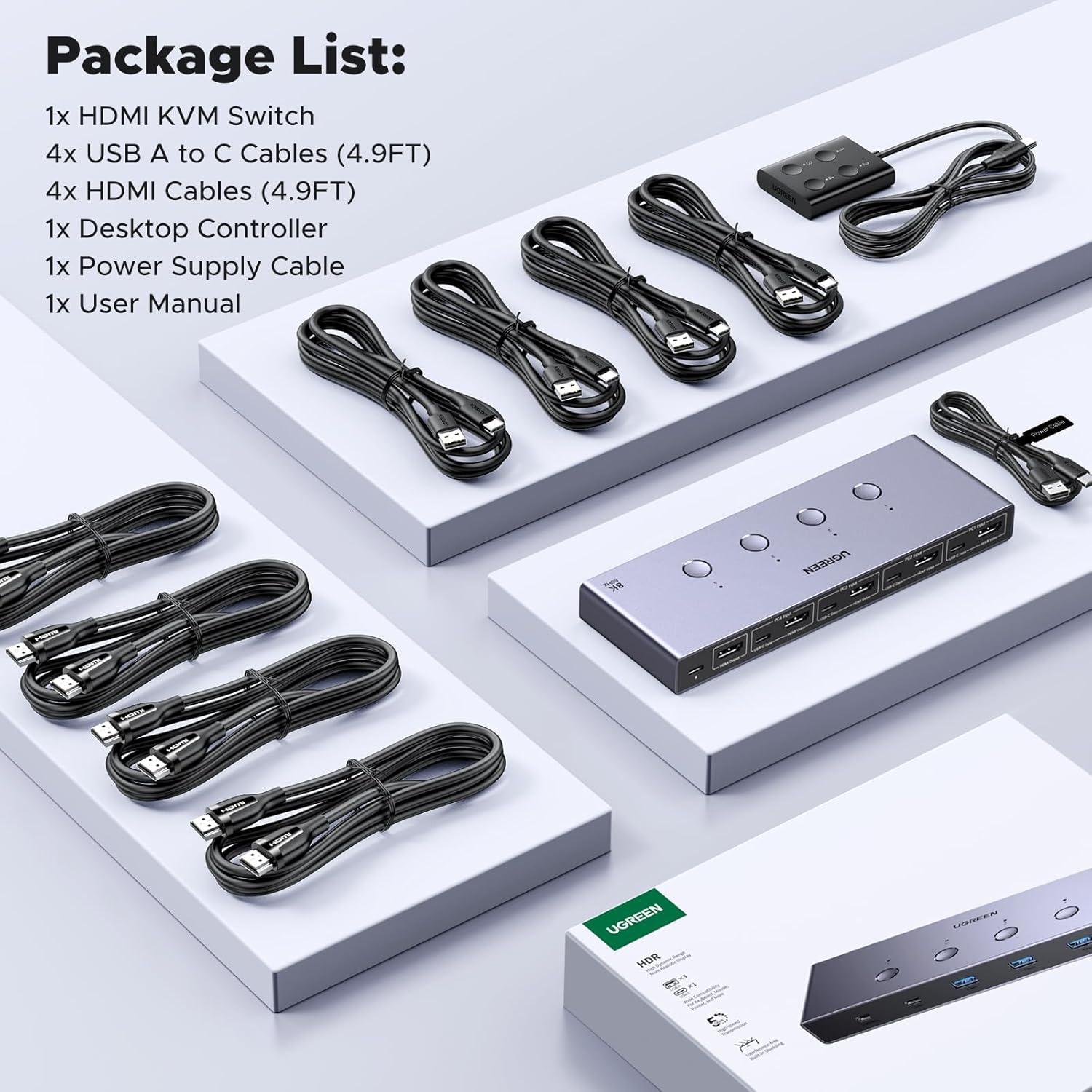 imageUGREEN 8K60Hz HDMI KVM Switch 4 Computers with 4 USB 30 Ports Aluminum KVM Switches Share One Monitor Keyboard Mouse Hard Drives Printer with 4 HDMI Cables 4 USB Cables and Desktop Controller