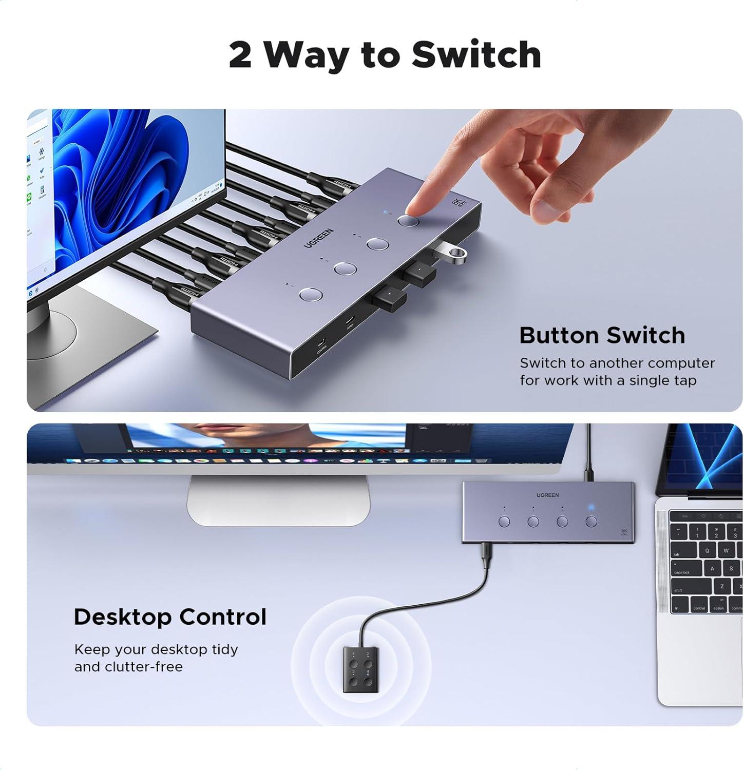 imageUGREEN 8K60Hz HDMI KVM Switch 4 Computers with 4 USB 30 Ports Aluminum KVM Switches Share One Monitor Keyboard Mouse Hard Drives Printer with 4 HDMI Cables 4 USB Cables and Desktop Controller