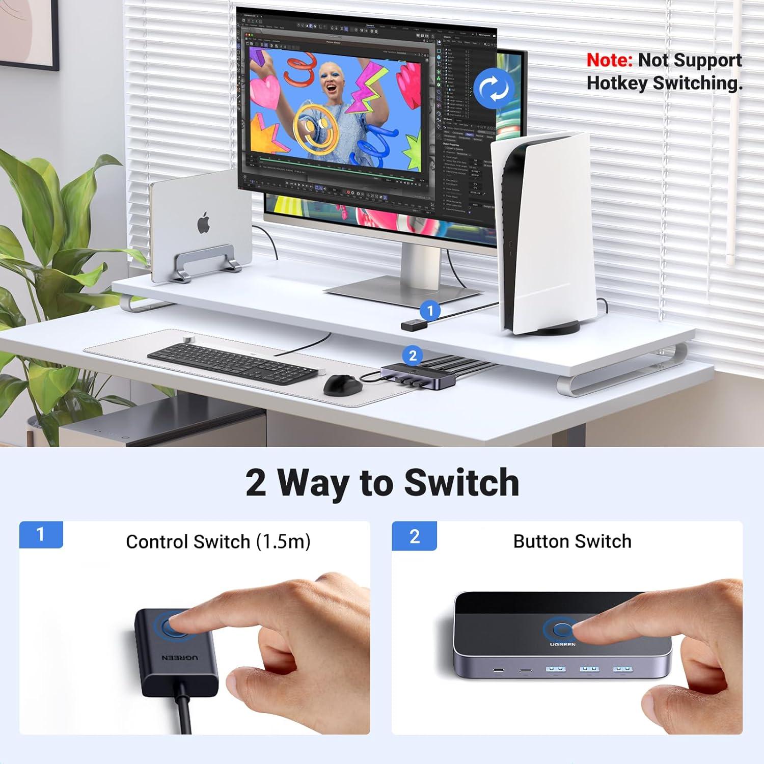 imageUGREEN HDMI KVM Switch 1 Monitor 2 Computers Aluminum with 4 USB 30 Ports 4K60Hz KVM Switches for 2 Computers Sharing One Monitor Keyboard Mouse Printer with 2 HDMI Cables 2 USB Cables Controller