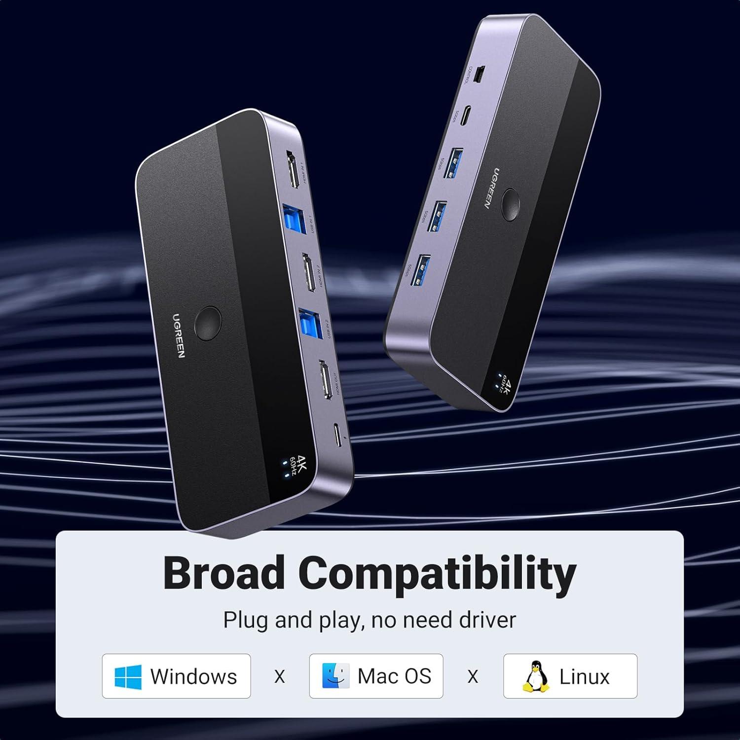 imageUGREEN HDMI KVM Switch 1 Monitor 2 Computers Aluminum with 4 USB 30 Ports 4K60Hz KVM Switches for 2 Computers Sharing One Monitor Keyboard Mouse Printer with 2 HDMI Cables 2 USB Cables Controller