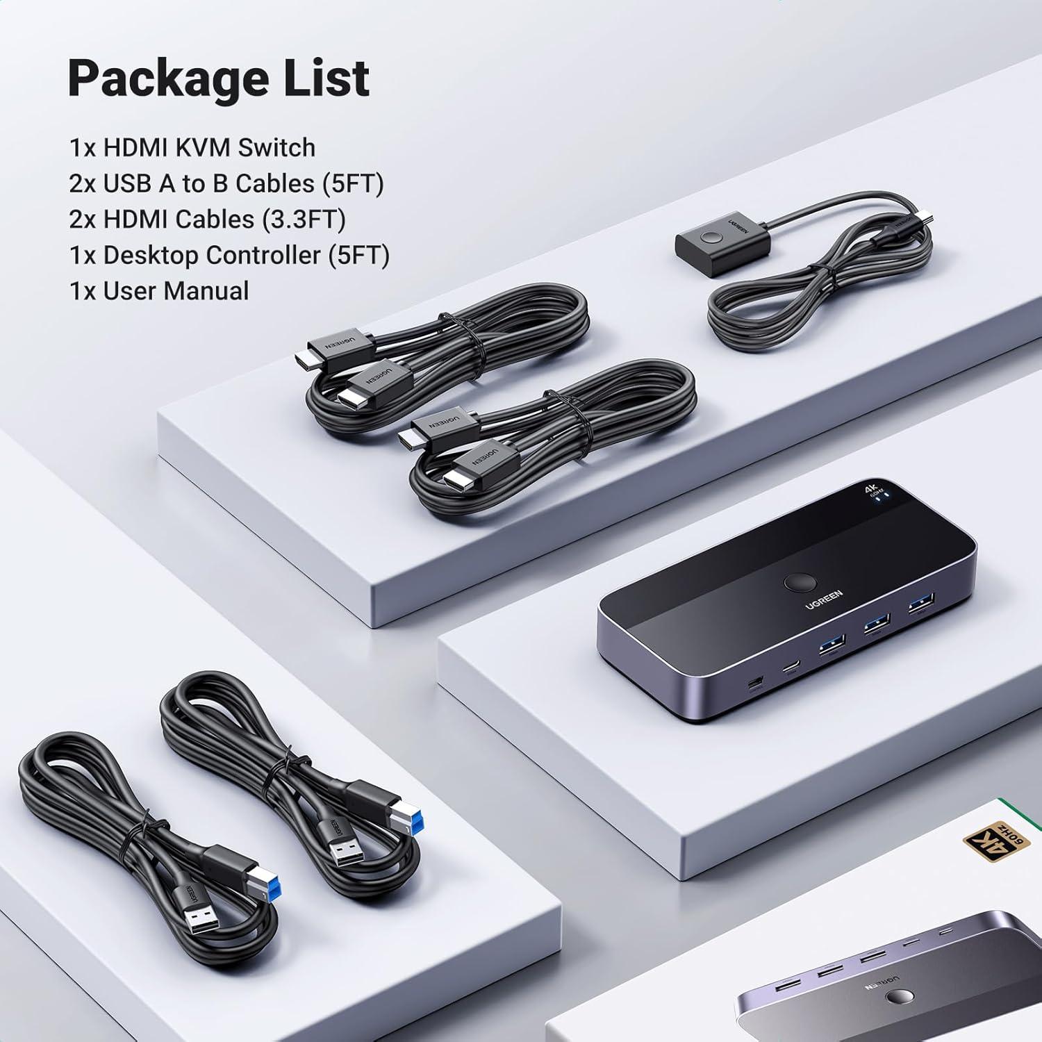 imageUGREEN HDMI KVM Switch 1 Monitor 2 Computers Aluminum with 4 USB 30 Ports 4K60Hz KVM Switches for 2 Computers Sharing One Monitor Keyboard Mouse Printer with 2 HDMI Cables 2 USB Cables Controller