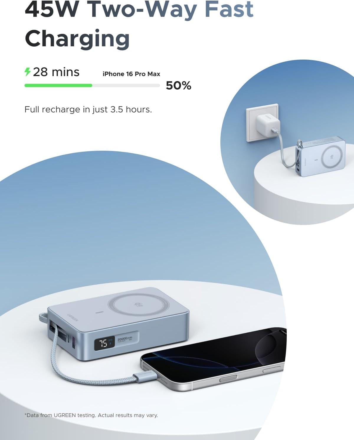 imageUGREEN MagFlow 20000mAh Magnetic Power Bank for MagSafe with Builtin Cable HighCapacity Qi2 25W Certified Wireless Charging and 45W PD Fast Charging Portable Charger for iPhone 17 Pro Max161514