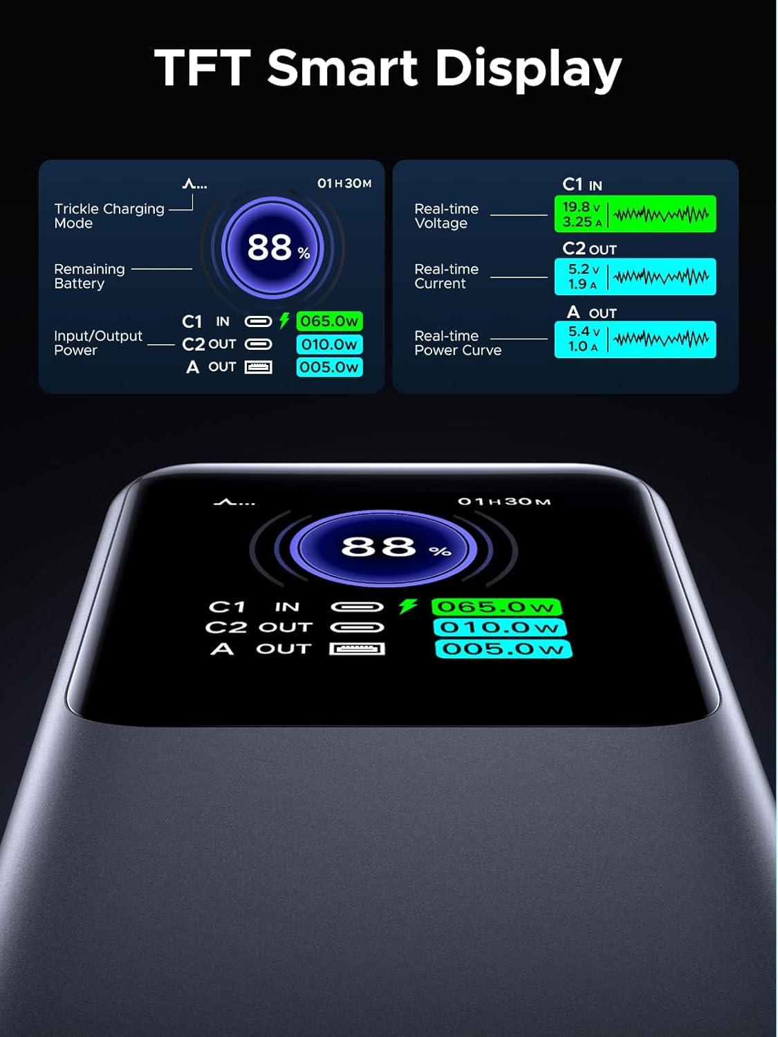 imageUGREEN Nexode Power Bank 20000mAh 130W Portable Charger 72Wh PD Fast Charging 3Port USB C Battery Pack with TFT Smart Display for MacBookiPadiPhone 1716Samsung S24 and More