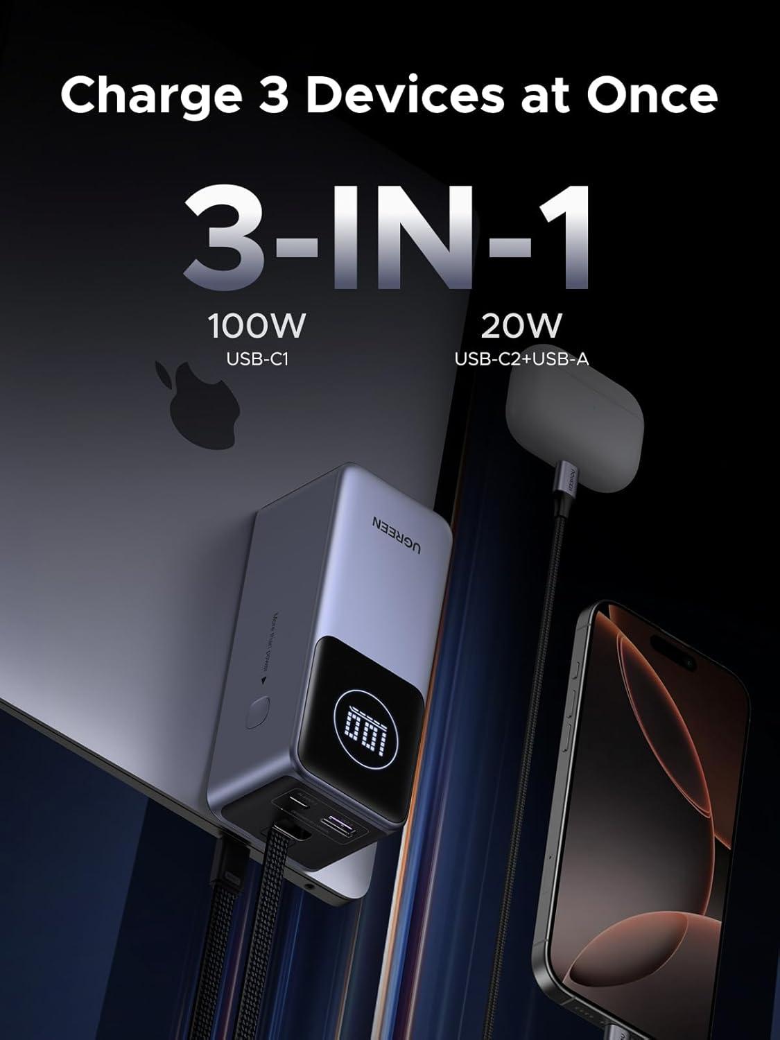 imageUGREEN Nexode Power Bank 20000mAh 130W with Builtin USB C Cable Laptop Travel Portable Charger 80W Input Fast Charging for MacBook ProAiriPhone 1716iPad ProGalaxy S25 UltraDellHP and More