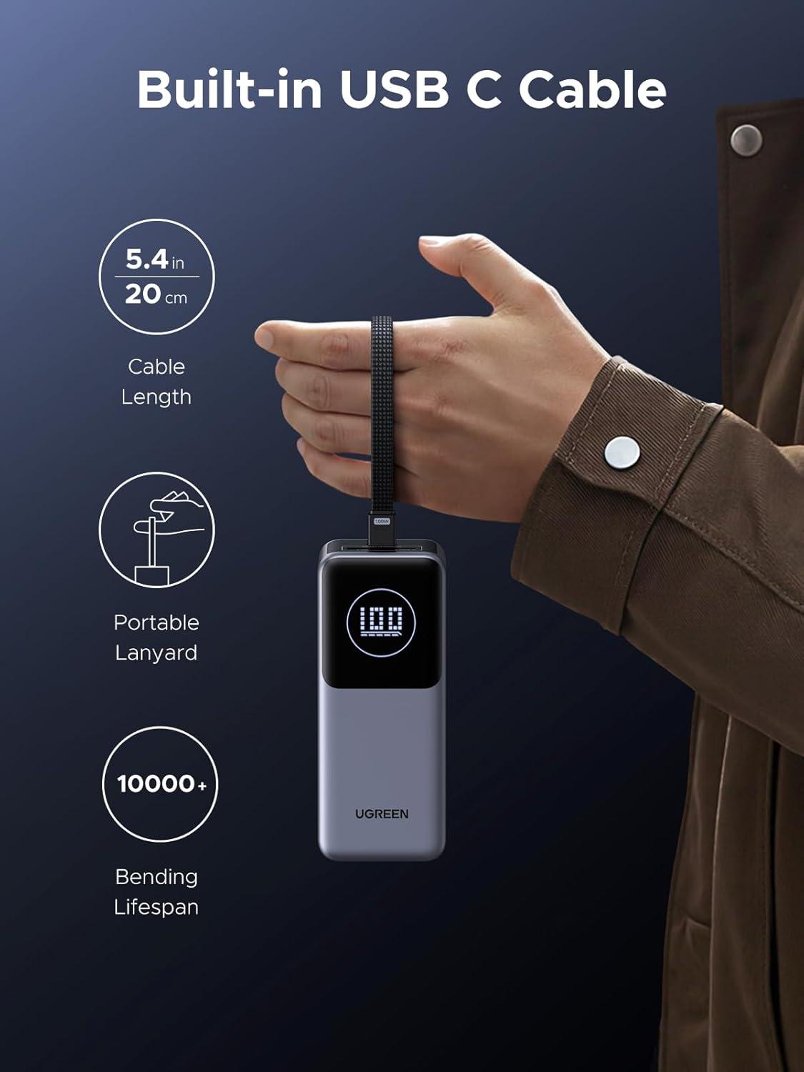 imageUGREEN Nexode Power Bank 20000mAh 130W with Builtin USB C Cable Laptop Travel Portable Charger 80W Input Fast Charging for MacBook ProAiriPhone 1716iPad ProGalaxy S25 UltraDellHP and More