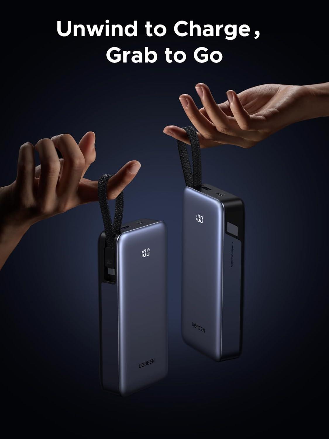 imageUGREEN Nexode Power Bank 20000mAh 45W with Builtin Cable Fast Charging Portable Charger for iPhone 17 ProSamsung S25 UltraiPad Pro 3Port External Battery Pack with Digital Display Travel Ready