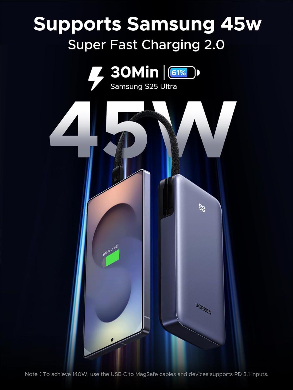 imageUGREEN Nexode Power Bank 20000mAh 45W with Builtin Cable Fast Charging Portable Charger for iPhone 17 ProSamsung S25 UltraiPad Pro 3Port External Battery Pack with Digital Display Travel Ready