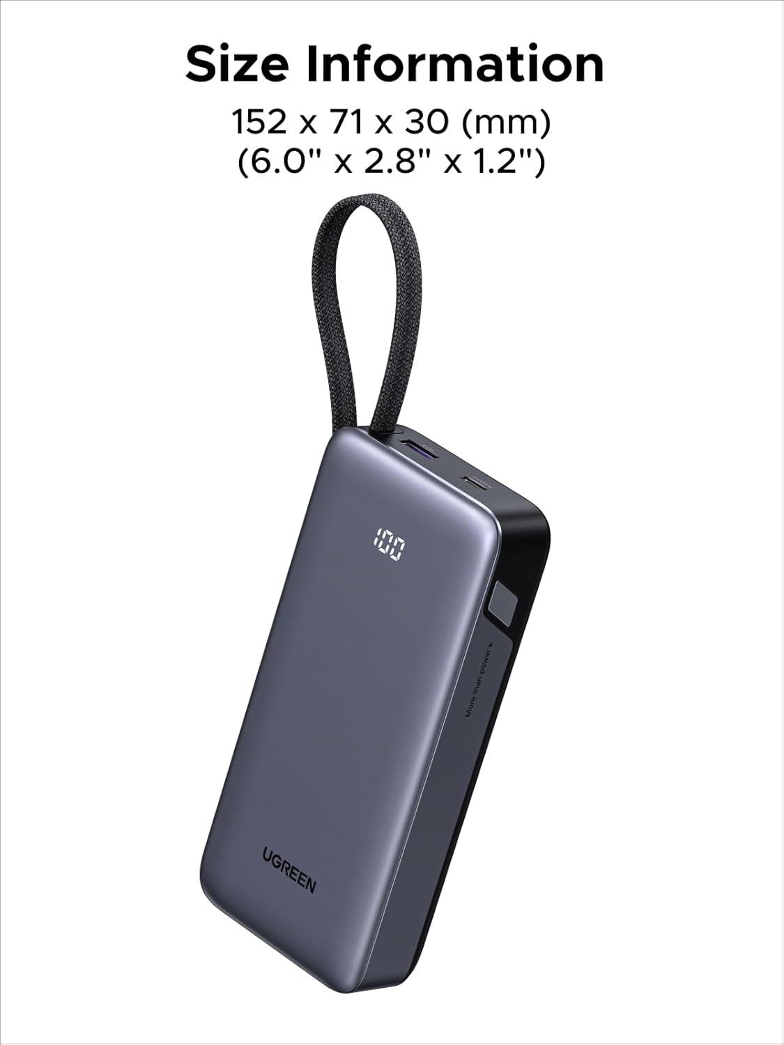 imageUGREEN Nexode Power Bank 20000mAh 45W with Builtin Cable Fast Charging Portable Charger for iPhone 17 ProSamsung S25 UltraiPad Pro 3Port External Battery Pack with Digital Display Travel Ready