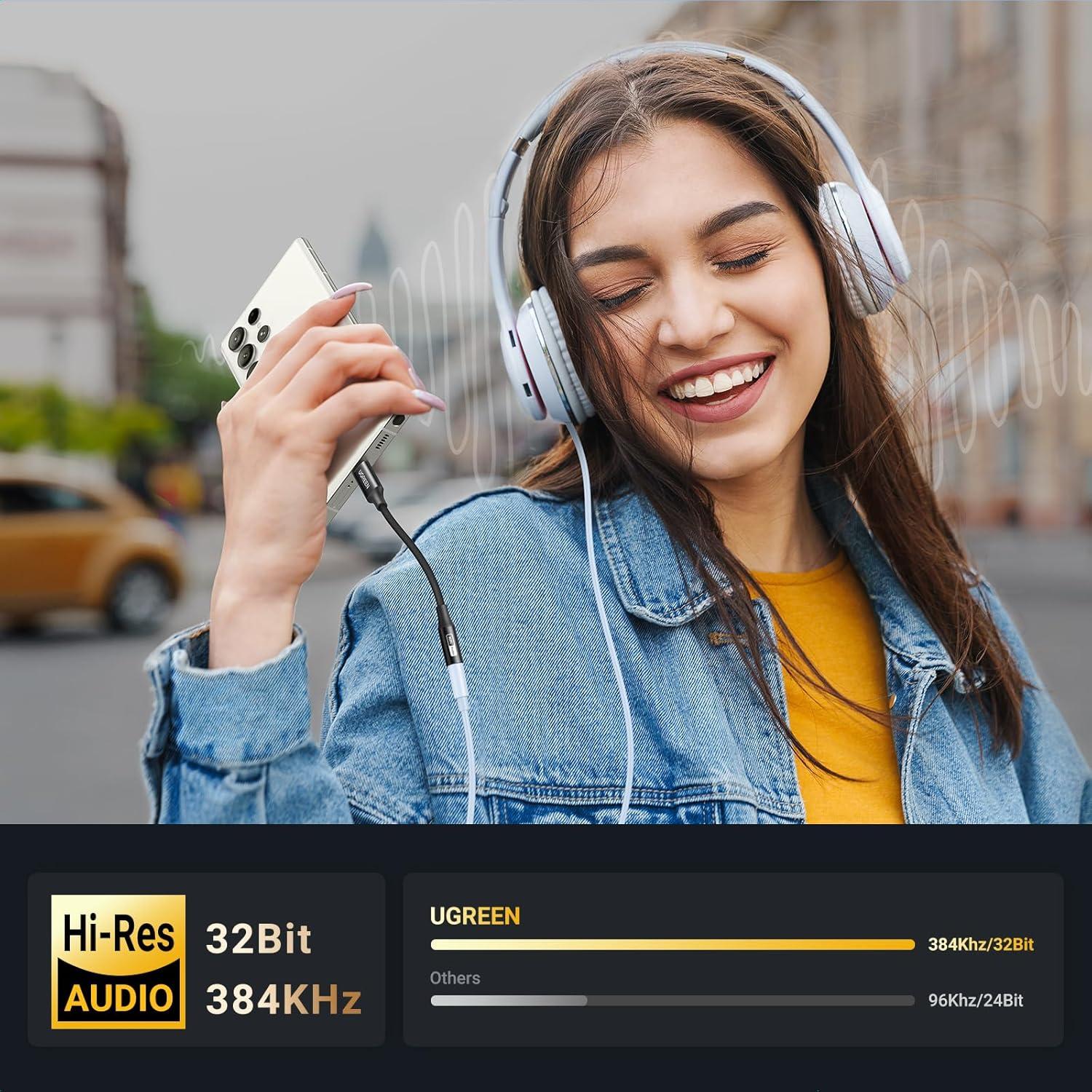 imageUGREEN USB C to 35mm Audio Adapter HiRes 32bit384KHz USB C to Aux Dongle HiFi Headphone Jack Cable Cord Compatible with iPhone 17 16 15 Pro Max Samsung Galaxy S25 Ultra Pixel 9 iPad Air Mini