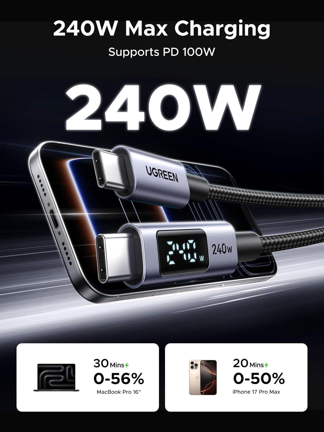imageUGREEN Uno Charger 65W USB C Charger Bundle with 66ft 240W USB C Cable with Digital Display Compatible with iPhone 1717 Pro17 Pro Max MacBook ProAir Galaxy S25S24 iPad ProAir Pixel 10