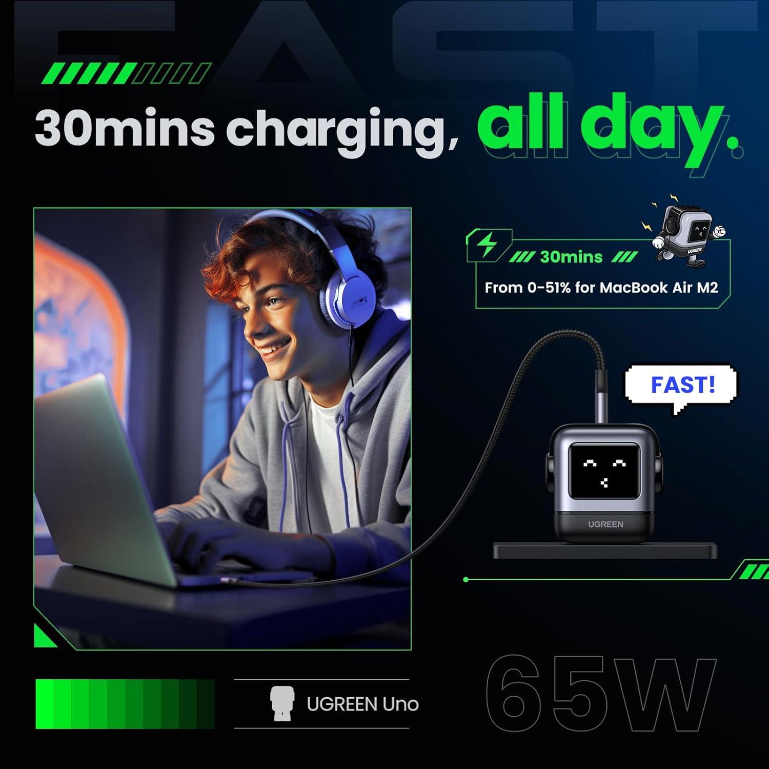 imageUGREEN Uno Charger 65W USB C Charger Bundle with 66ft 240W USB C Cable with Digital Display Compatible with iPhone 1717 Pro17 Pro Max MacBook ProAir Galaxy S25S24 iPad ProAir Pixel 10