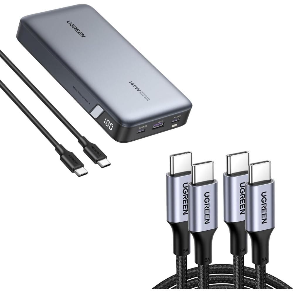 imageUGREEN 145W Power Bank Bundle with 100W 2Pack 33 FT USB C Cable