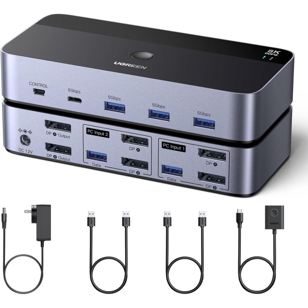 imageUGREEN 8K60Hz Displayport KVM Switch 2 Monitors 2 Computers Aluminum with 4 USB 30 Ports for 2 Computers Share Dual Monitors Keyboard Mouse Printer with 2 USB CablesPower AdapterController