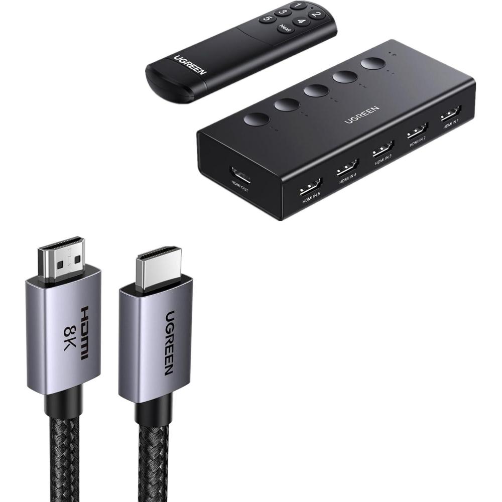 imageUGREEN HDMI Switch 5 in 1 Out 4K60Hz Bundle with 8K HDMI 21 Cable 48Gbps 66FT Certified Ultra High Speed Cord Aluminum