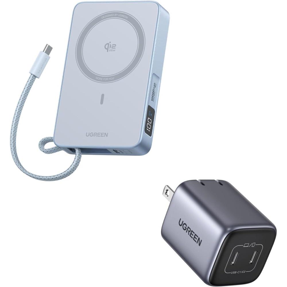 imageUGREEN MagFlow Qi2 25W 10000mAh Power Bank Bundle with 45W GaN USB C Charger