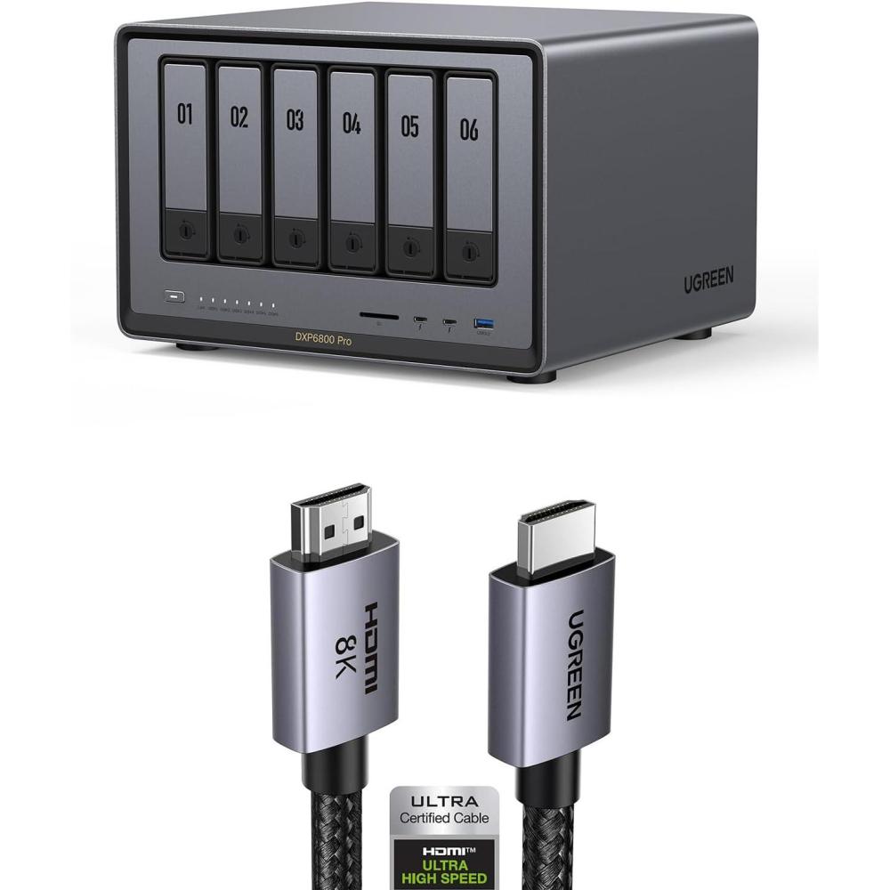 imageUGREEN NASync DXP6800 Pro 6Bay Desktop NASNetwork Attached Storage Diskless Bundle with 8K HDMI 21 Cable 48Gbps 10FT