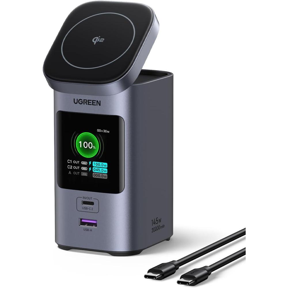 imageUGREEN Nexode Power Bank 20000mAh 145W PD 30 Portable Charger 72Wh Qi2 Certified 15W Wireless Fast Charging Magsafe Battery Pack 2C1A with TFT Display for iPhone 1716 SeriesMacBookiPad and More