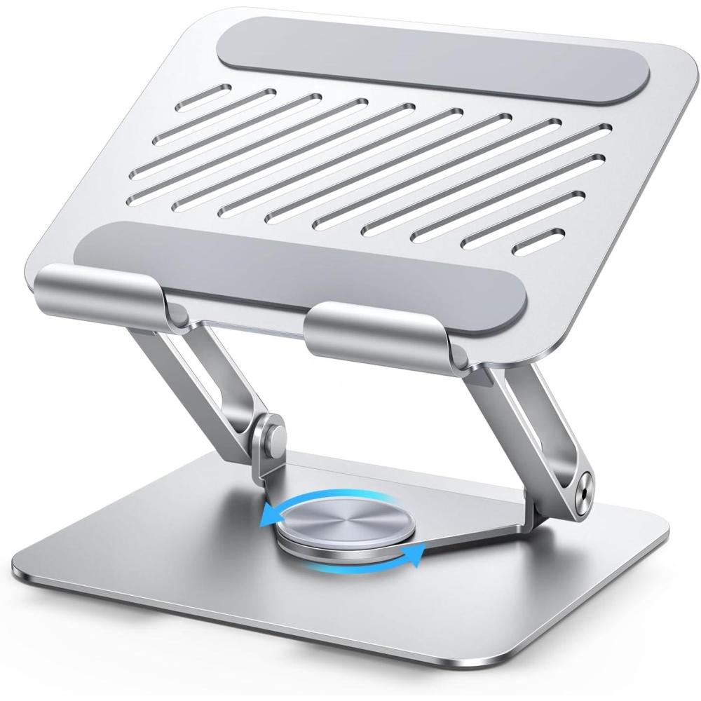 imageUGREEN Tablet Stand Holder for Desk with 360 Rotating Base Aluminum Dual Rod Support Adjustable Home Office Accessories Compatible with iPad Pro 13 12 11 Air Mini 5 4 3 Phone EReader Silver