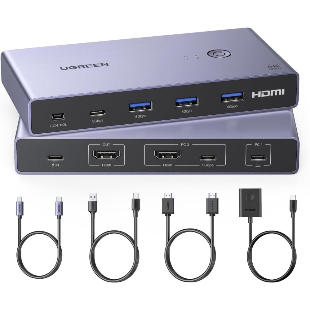 imageUGREEN USBCHDMI KVM Switch 1 Monitor 2 Computers with 4 USB 30 Ports 4K60Hz Aluminum for 1 Laptop amp 1 Desktop Share One Monitor Keyboard Mouse Printer with 1 HDMI Cable2 TypeC Cables