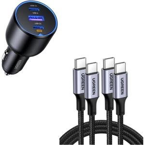 UGREEN 130W 3-Port USB C Car Charger Bundle with 100W 2-Pack 3.3FT USB C Cable