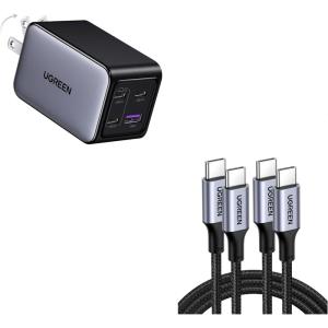 UGREEN 65W 4-Port GaN USB C Wall Charger Bundle with 100W 3.3ft 2-Pack USB C Cable Compatible with iPhone 17/17 Pro/17 Pro Max, MacBook Pro/Air, Galaxy S25/S24, iPad Pro/Air, Pixel 10