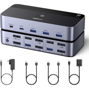 UGREEN 8K@60Hz Displayport KVM Switch 2 Monitors 2 Computers, Aluminum with 4 USB 3.0 Ports for 2 Computers Share Dual Monitors Keyboard Mouse Printer with 2 USB Cables/Power Adapter/Controller