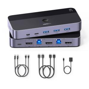 UGREEN HDMI KVM Switch 1 Monitor 2 Computers, Aluminum with 4 USB 3.0 Ports 4K@60Hz KVM Switches for 2 Computers Sharing One Monitor Keyboard Mouse Printer with 2 HDMI Cables, 2 USB Cables, Controller