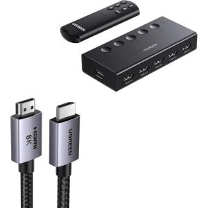 UGREEN HDMI Switch 5 in 1 Out 4K@60Hz Bundle with 8K HDMI 2.1 Cable 48Gbps 6.6FT, Certified Ultra High Speed Cord Aluminum