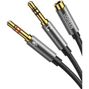 UGREEN Headphone Splitter for Computer 3.5mm Female to 2 Dual 3.5mm Male Braided Audio Splitter Cable Microphone Stereo Jack Earphones Port Cord Gaming Headset to PC Laptop Adapter Black