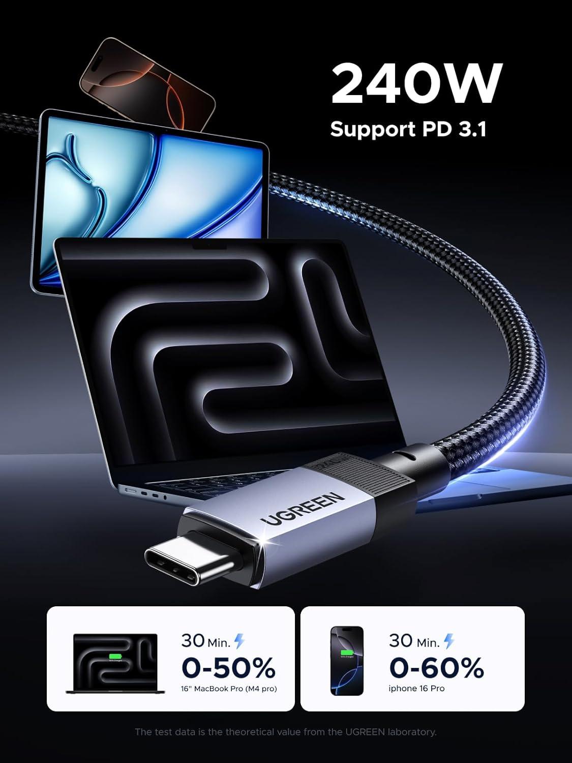 imageUGREEN 240W USB C Cable Gen2 10Gbps USB 32 4K 60Hz Video Output Fast Charging Compatible with iPhone 171615 Pro Max NVMe SSD Monitor Galaxy S25S24S23 Ultra MacBook Pro 33FT
