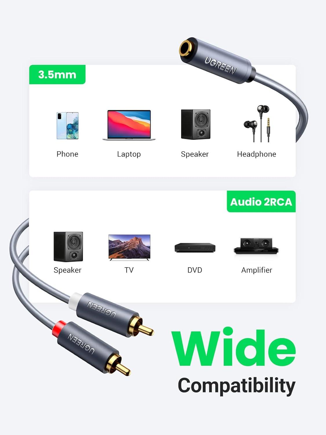 imageUGREEN 35mm Female to 2 RCA Male Cable Gold Plated Stereo RCA Auxiliary Audio Adapter Flexible Metal Shell Y Splitter Aux Cord Compatible with iPod MP3 DVD DJ Controller Mixer Speaker 3FT3FT