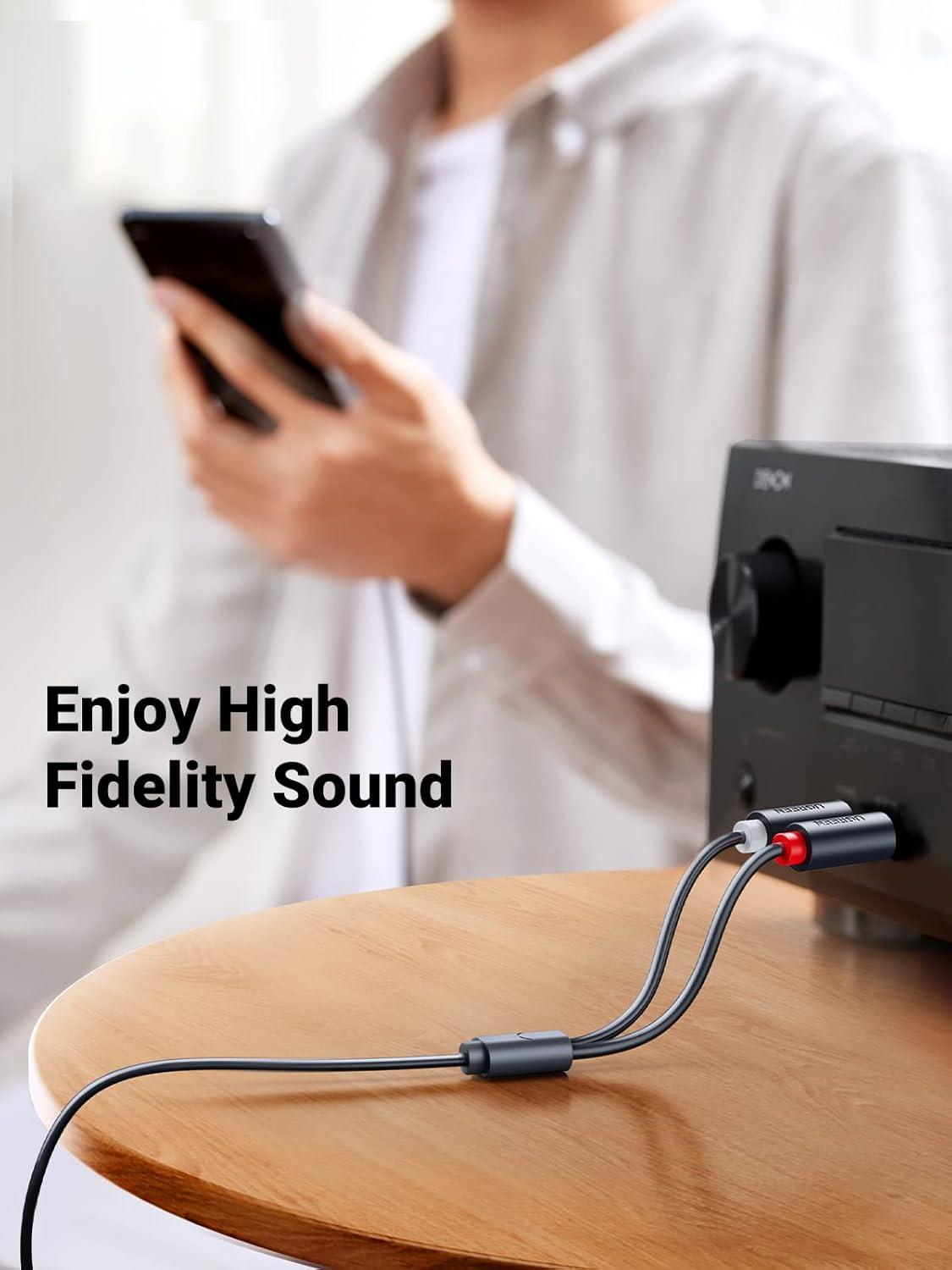 imageUGREEN 35mm Female to 2 RCA Male Cable Gold Plated Stereo RCA Auxiliary Audio Adapter Flexible Metal Shell Y Splitter Aux Cord Compatible with iPod MP3 DVD DJ Controller Mixer Speaker 3FT065FT