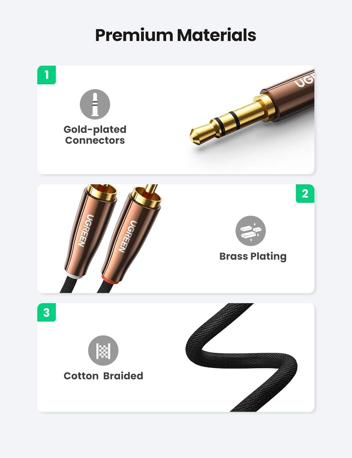 imageUGREEN 35mm to 2 Male RCA Cable Stereo Audio Adapter Braided HiFi Sound Auxiliary RCA Y Splitter Metal Shell Shielded Aux Y Cord Compatible with Smartphone MP3 Tablet Speaker 66FT66FT