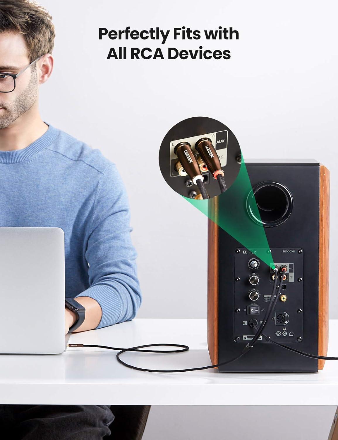 imageUGREEN 35mm to 2 Male RCA Cable Stereo Audio Adapter Braided HiFi Sound Auxiliary RCA Y Splitter Metal Shell Shielded Aux Y Cord Compatible with Smartphone MP3 Tablet Speaker 66FT33FT