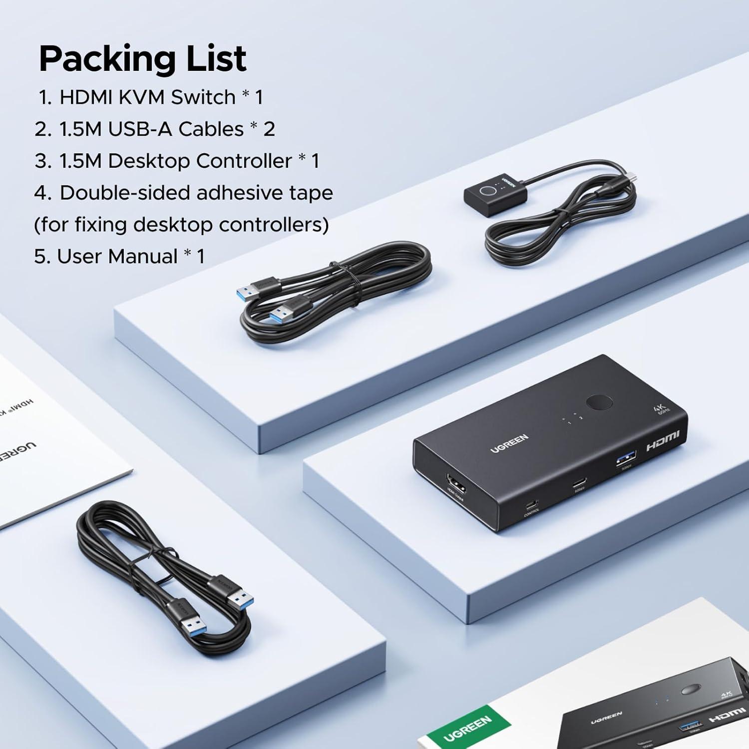 imageUGREEN HDMI KVM Switch 1 Monitor 2 Computers 4K60Hz with 4 USB 30 Ports KVM Switches for 2 Computers Share One HDMI Monitor Keyboard Mouse Hard Drives Webcam with 2 USB Cables Controller