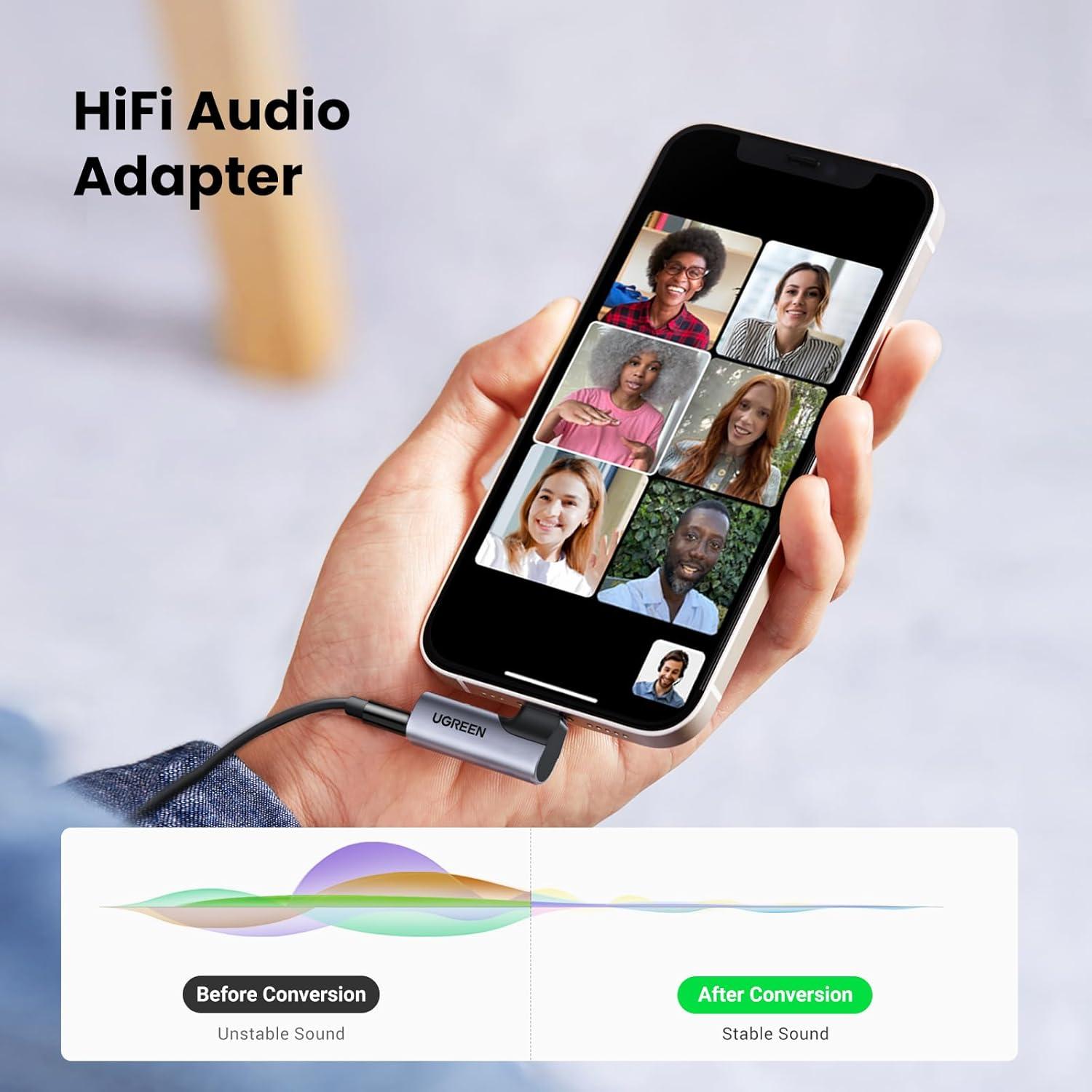 imageUGREEN Headphone Adapter for iPhone Lightning to 35mm Jack MFi TRRS Aux Earphone Stereo Audio Mic Converter Mini Dongle Compatible with iPhone 14 13 Pro Max 12 11 XR XS SE 2022 iPad Headset Car