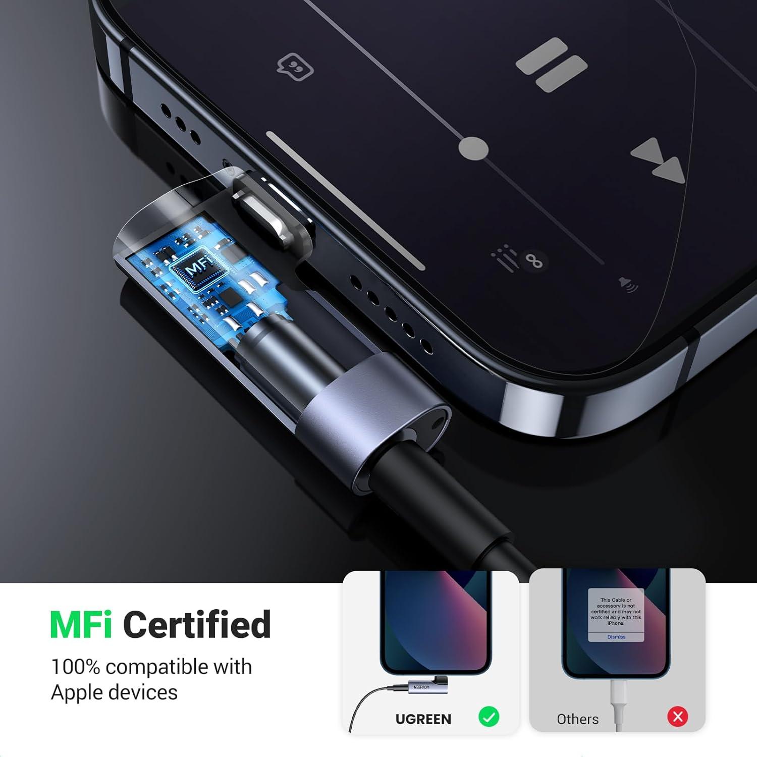 imageUGREEN Headphone Adapter for iPhone Lightning to 35mm Jack MFi TRRS Aux Earphone Stereo Audio Mic Converter Mini Dongle Compatible with iPhone 14 13 Pro Max 12 11 XR XS SE 2022 iPad Headset Car