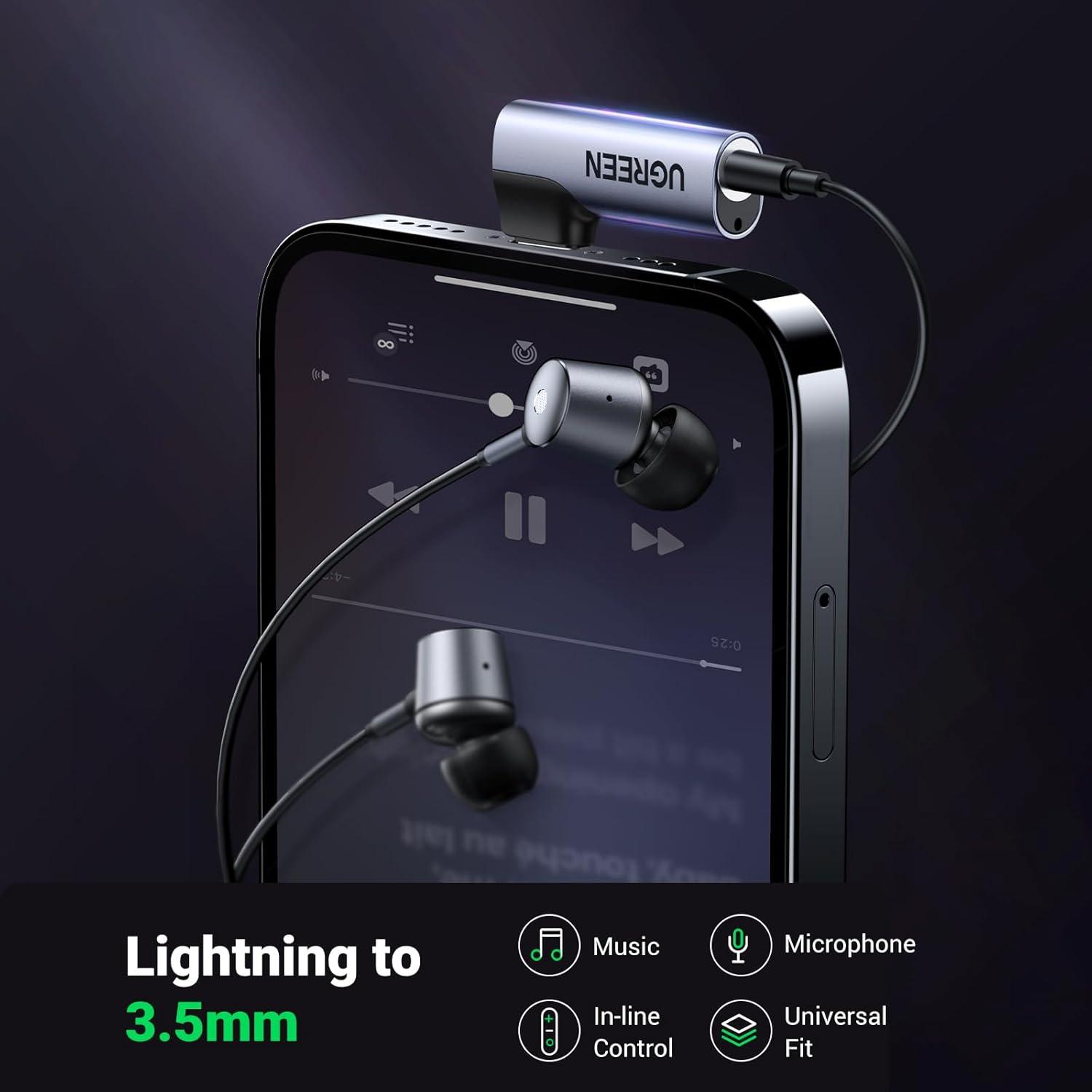 imageUGREEN Headphone Adapter for iPhone Lightning to 35mm Jack MFi TRRS Aux Earphone Stereo Audio Mic Converter Mini Dongle Compatible with iPhone 14 13 Pro Max 12 11 XR XS SE 2022 iPad Headset Car