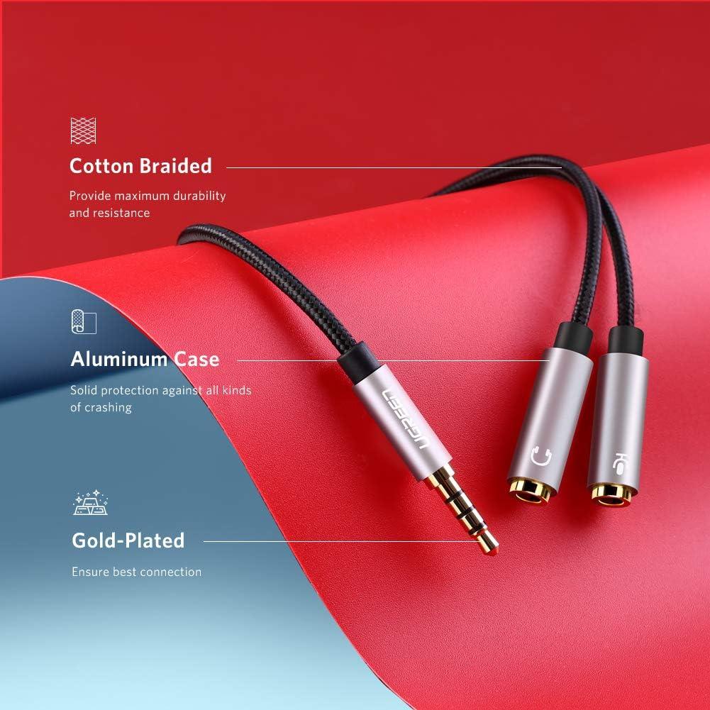 imageUGREEN Headphone Splitter 35mm 2 Female to 1 Male Mic and Audio Y Splitter TRRS Headset Adapter Cable Stereo Compatible with Switch 2PS4PS5 Steam Deck Xbox PC Laptop Phone Tablet Gaming