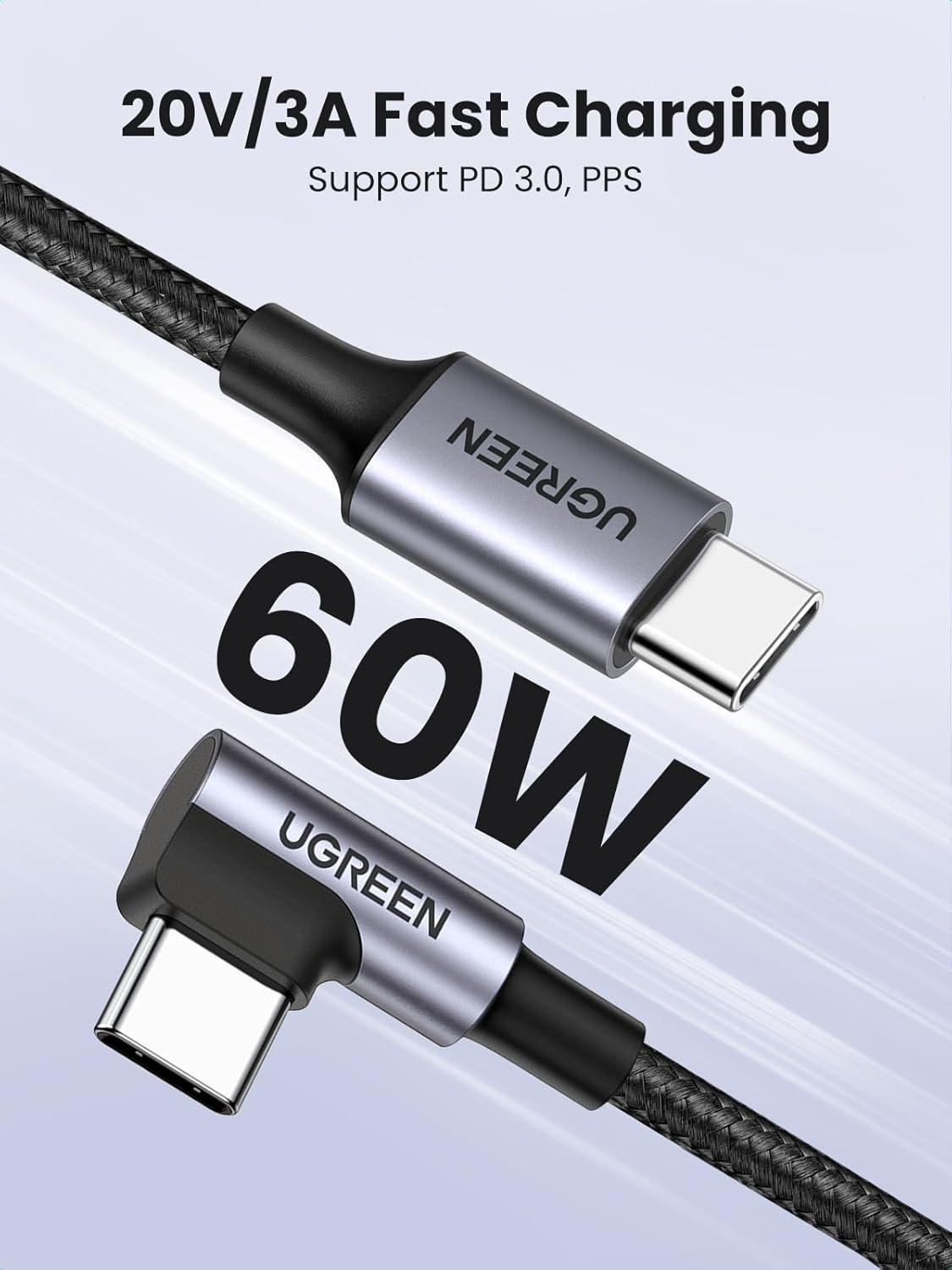 imageUGREEN Right Angle USB C Cable 66FT 60W USB C to USB C Cable 90 Degree Type C Cable for iPhone 1716 MacBook ProAir iPad Pro 2022Air 5Mini 6 Galaxy S25S24S23 Pixel 109 Switch10ft