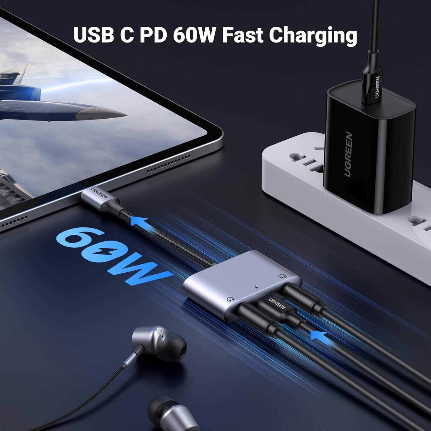 imageUGREEN USB C to 35mm Audio Adapter 3 in 1 Charger and Headphone Splitter USB C to Aux Dual Headphone Jack with PD 60W Fast Charge Cable for iPhone 1716 Pro Max Galaxy S2524 Ultra Pixel 10 iPad