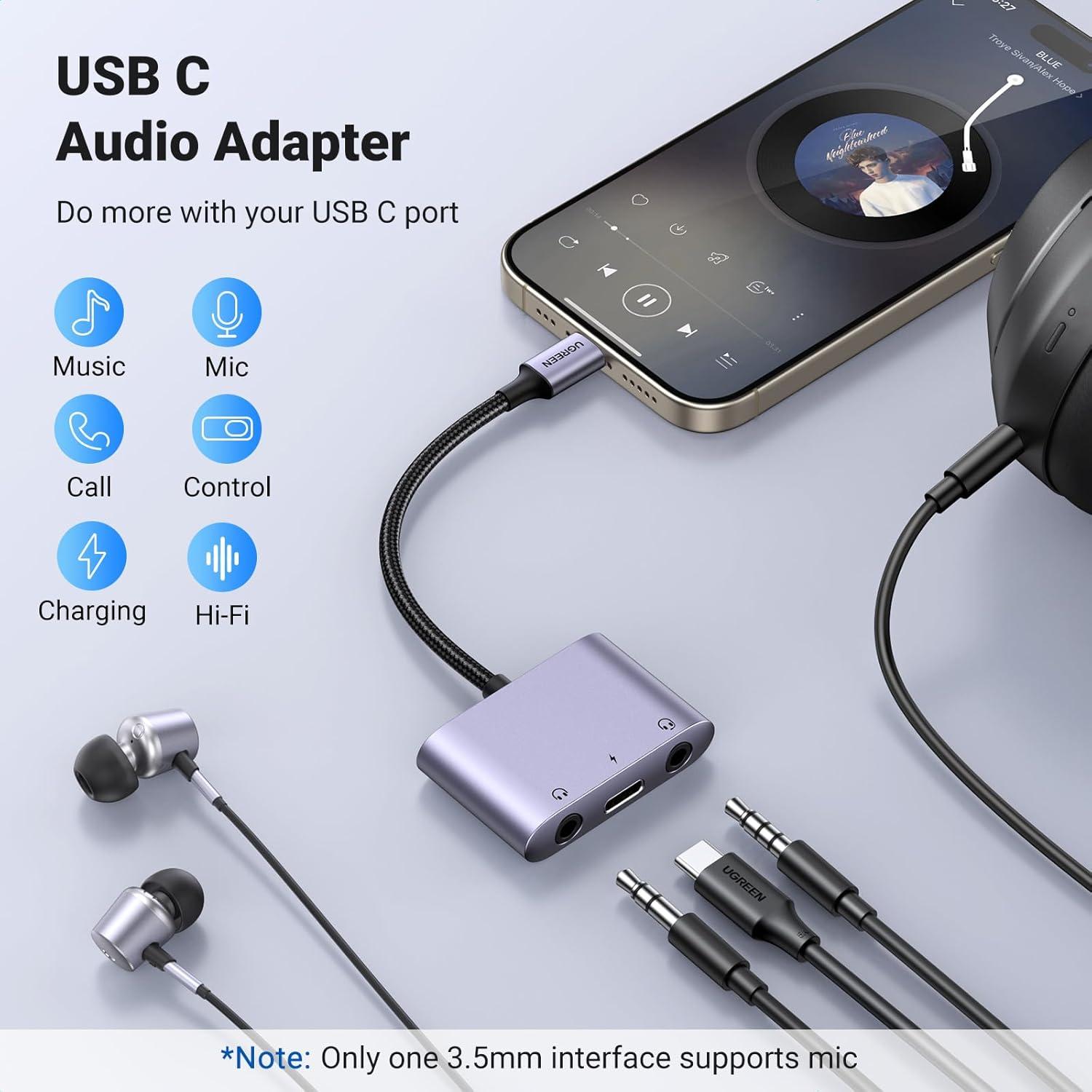 imageUGREEN USB C to 35mm Audio Adapter 3 in 1 Charger and Headphone Splitter USB C to Aux Dual Headphone Jack with PD 60W Fast Charge Cable for iPhone 1716 Pro Max Galaxy S2524 Ultra Pixel 10 iPad
