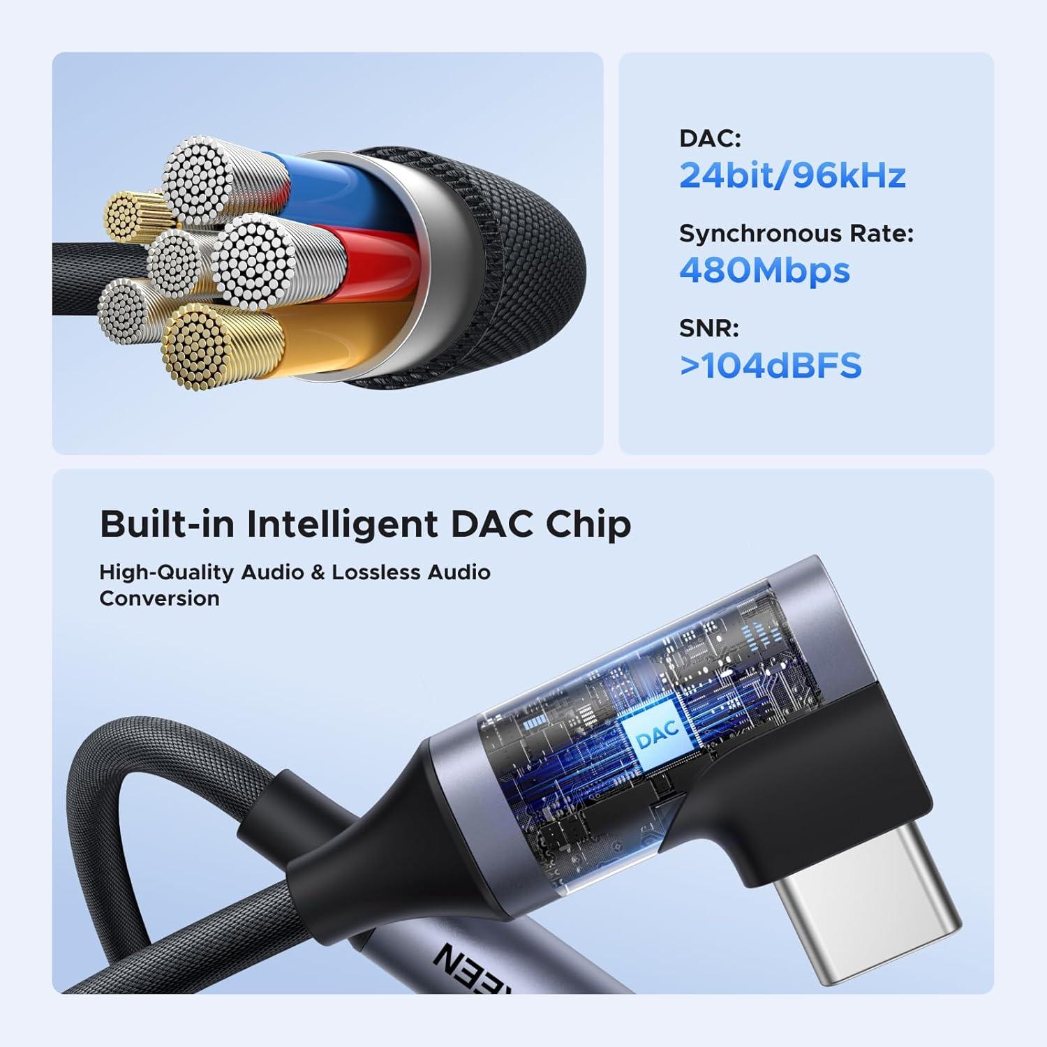 imageUGREEN USB C to 35mm Audio Adapter Type C to Aux Headphone Jack Dongle 24bit96kHz HiFi DAC Cable Right Angle Cord Compatible with iPhone 17 16 Pro Max16 Plus iPad Galaxy S25 S24 Ultra Pixel 10